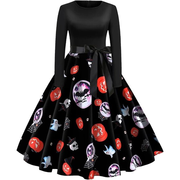 Womens Halloween Dresses Long Sleeve Cocktail Swing Dress Cosplay Party Costume - Picture 1 of 5